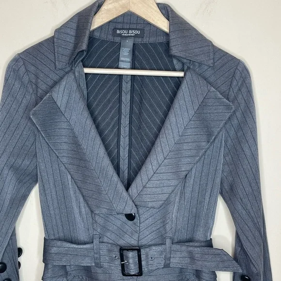 𝅺BISOU bisou michele bohbot 3/4 sleeve gray striped suit belted jacket - Picture 4 of 6
